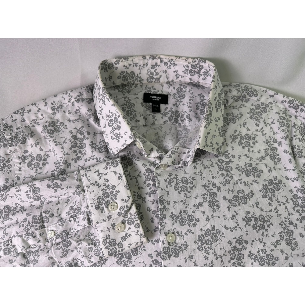 Express 1MX Shirt Mens L Slim Fit Gray‎ Floral Print Cotton Stretch Long Sleeve